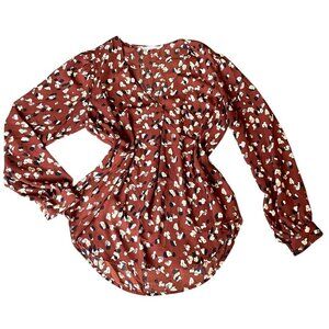 Lush Split Neck Blouse Sz M Rust-Brown Abstract Geometric/Floral Print #350C